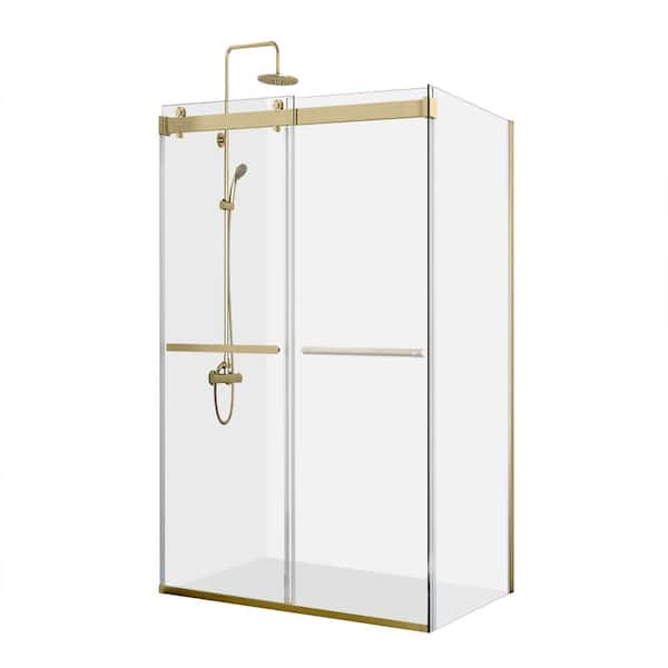ROSWELL Spezia 56 in. W x 76 in. H Rectangle Double Sliding Semi Frameless Shower Enclosure in Brushed Gold with Clear Glass