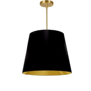 Oversized Drum 1-Light Aged Brass Pendant with Black and Gold Fabric Shade
