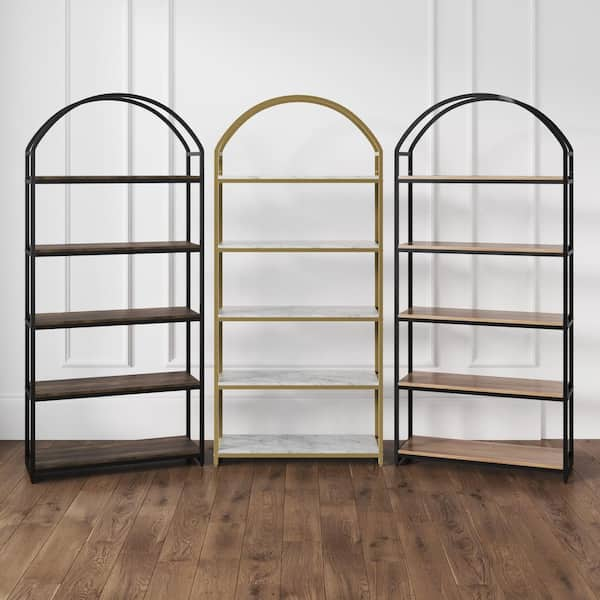 5 Shelf Etagere Arched Bookcase, 72Tall Metal Bookshelf with Wood Shelving, Gold / Black - 2 PC