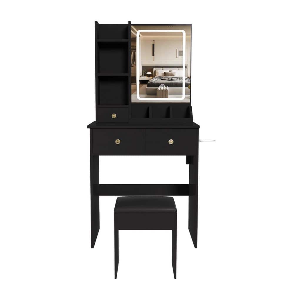 Black Modern MDF Compact Makeup Vanity Set w/ 3-Color LED Mirror, Power Outlet, Hair Dryer Holder, 3 Drawers and Stool price history on PriceWatchPro