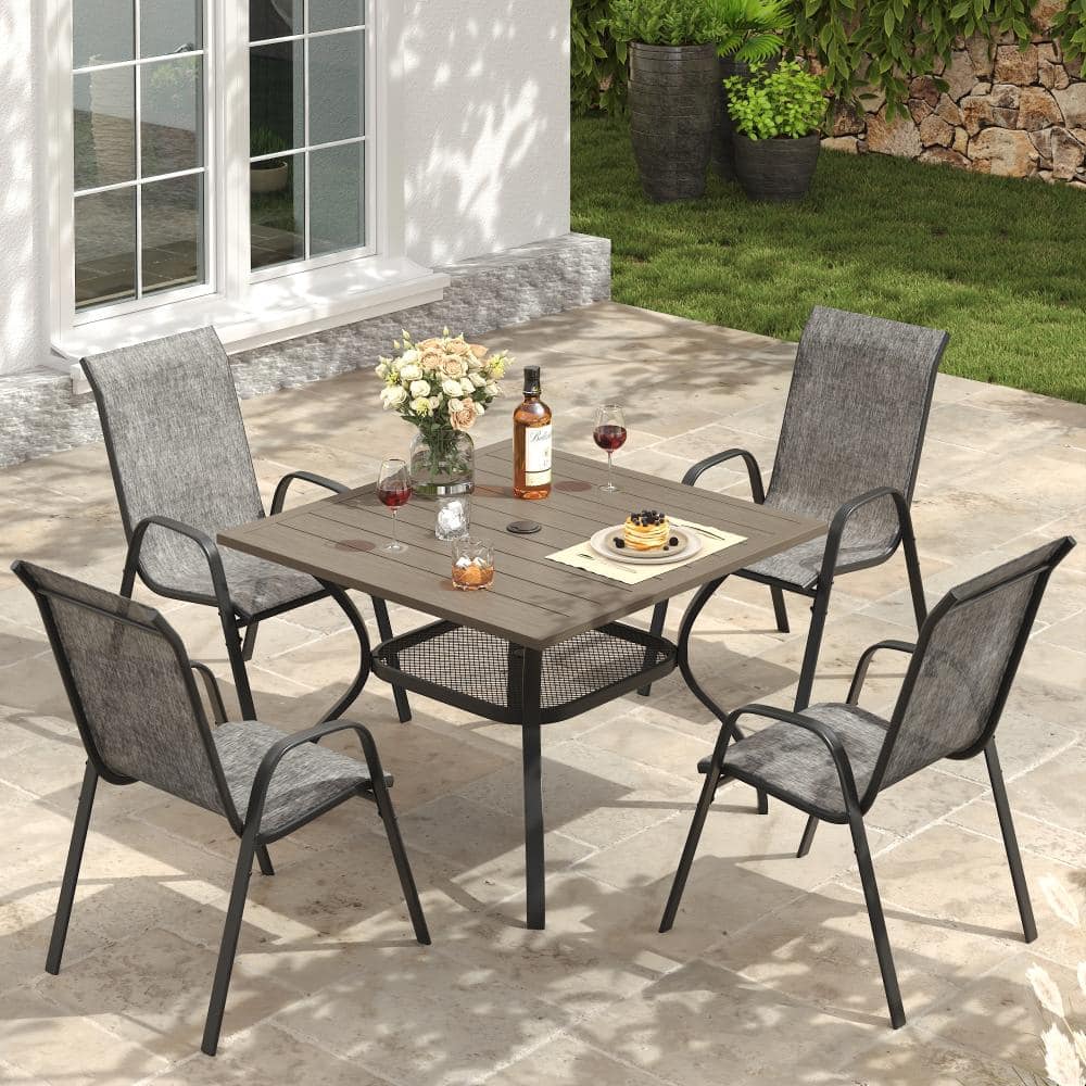 vicllax Gray Wood-Like 5-Piece Metal Square Outdoor Patio Dining