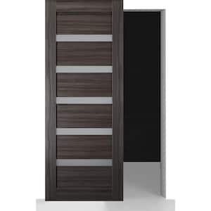 Leora 36 in. x 84 in. 6 Lite Frosted Glass Gray Oak Wood Hidden w/BaseBoard Sliding Barn Door with Hardware Kit