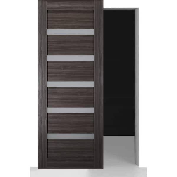 Belldinni Leora 36 in. x 84 in. 6 Lite Frosted Glass Gray Oak Wood Hidden w/BaseBoard Sliding Barn Door with Hardware Kit