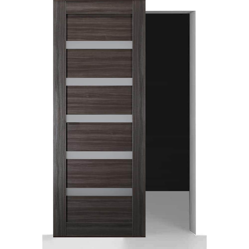 Leora 36 in. x 96 in. 7 Lite Frosted Glass Gray Oak Wood Hidden w/BaseBoard Sliding Barn Door with Hardware Kit price history on PriceWatchPro