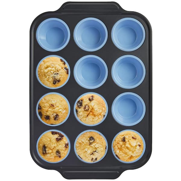 Silicone Muffin Pan for Baking with Metal Frame, Egg Bite Molds, 12 Regular Size, Easy to Pop, Nonstick, Non Toxic, Blue