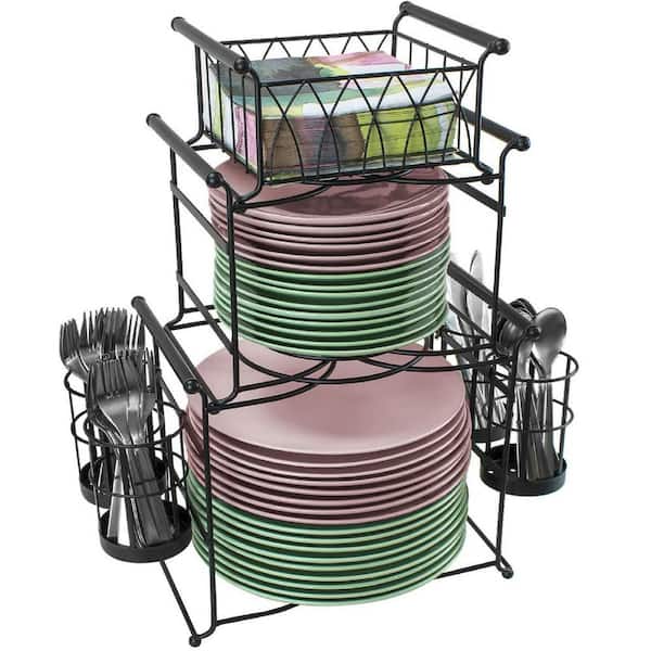 3-Tier Detachable Tabletop Organizer Black Carbon Steel Buffet Caddy with 7-Piece Stackable Set
