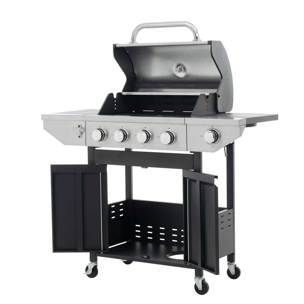 4-Burner Portable Propane Gas Grill in Silver, Stainless Steel Barbecue Grill with Side Burner, Thermometer and Wheels