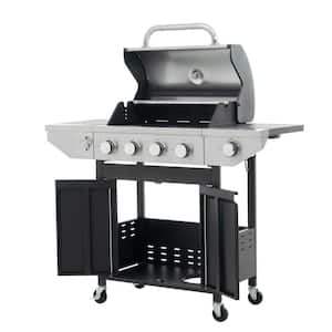 4-Burner Portable Propane Gas Grill in Silver, Stainless Steel Barbecue Grill with Side Burner, Thermometer and Wheels