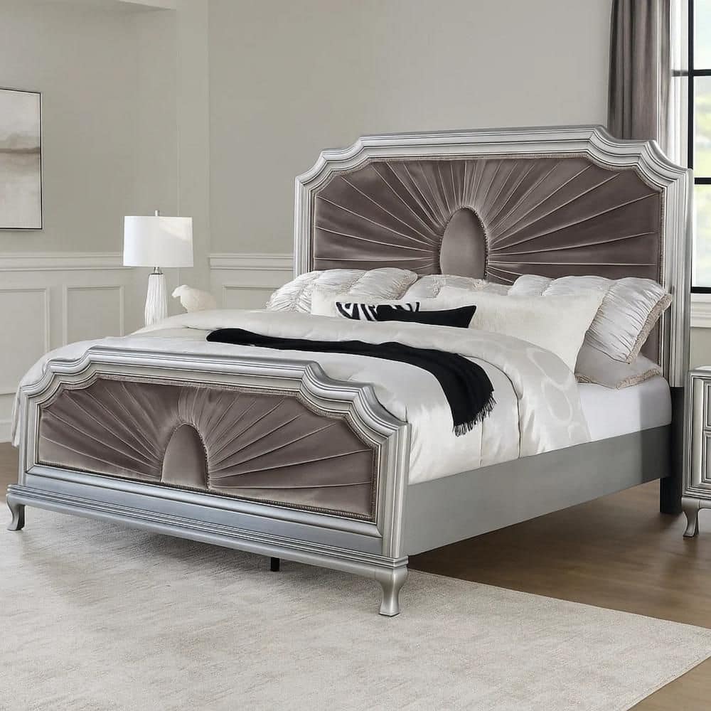 Xan Silver and Warm Gray Wood Frame California King Panel Bed with Upholstery Headboard price history on PriceWatchPro