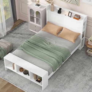 White Wood Frame Full Size Platform Bed with Storage Headboard and Footboard, Shelves, LED Light, USB ports