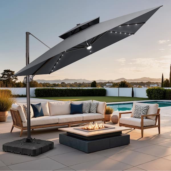 11.5 ft. Square 2-Tier Aluminum 360° Rotation Outdoor Cantilever Patio Umbrella with Base with LED Lights in Gray