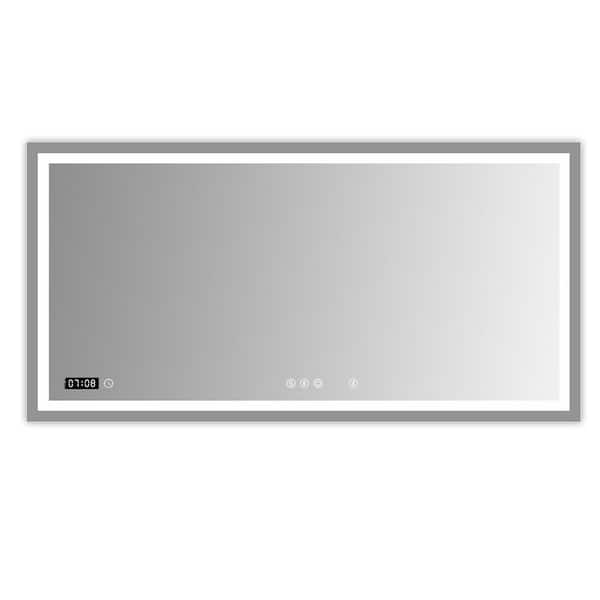 Cesicia 72 in. W x 36 in. H Rectangular Silver Frameless Wall Mount Bathroom Vanity Mirror with LED Light, Clock and Bluetooth