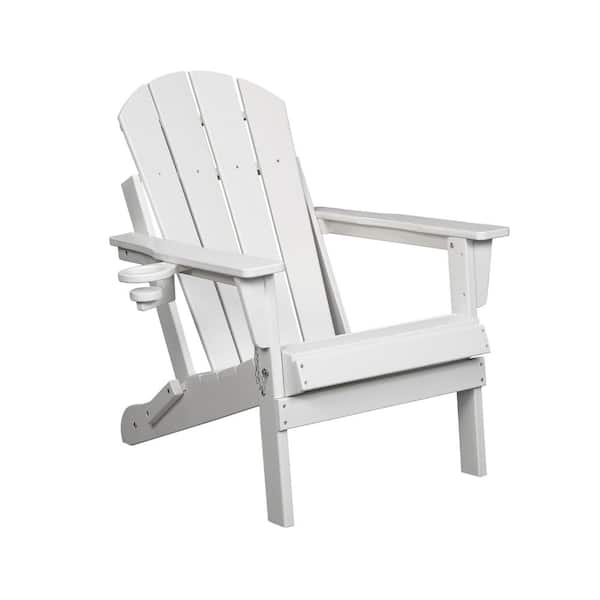 1-Piece White Folding HDPE Composite Adirondack Chair with Dual Cup Holder