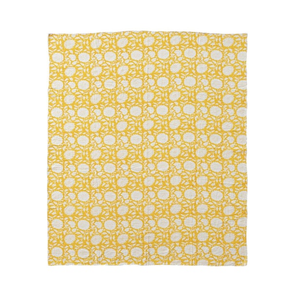 Yellow & Natural Block Print Cotton and Linen Throw Blanket