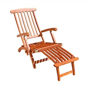 Brown Wood Outdoor Folding Lounge with Armrests, Extendable Leg Rest