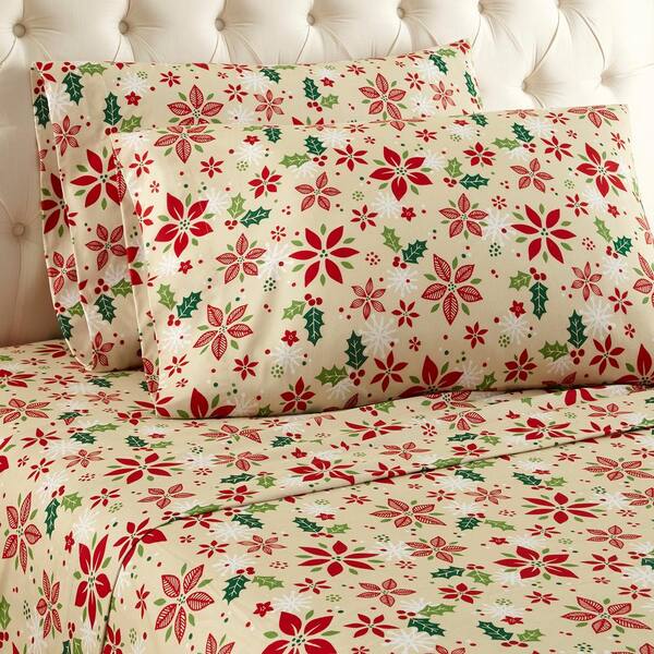 Micro Flannel 4-Piece Poinsettia Floral Queen Sheet Set