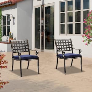 Patio Dining Armchairs Cast Aluminum with Cushions Square Lattice Designs for Lawn Yard Garden in Navy Blue(Set of 2)