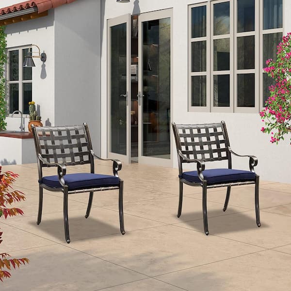 PURPLE LEAF Patio Dining Armchairs Cast Aluminum with Cushions Square Lattice Designs for Lawn Yard Garden in Navy Blue(Set of 2)