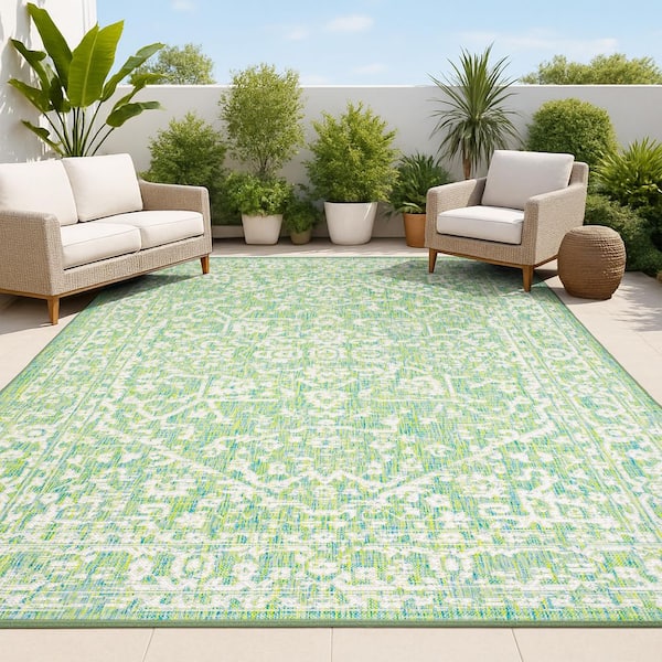 Malta Bohemian Medallion Textured Weave Cream/Green 8 ft. x 10 ft. Indoor/Outdoor Area Rug