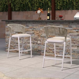 Modern Aluminum Low Back Rattan Counter Height Outdoor Bar Stool with Backrest and White Cushion (2-Pack)