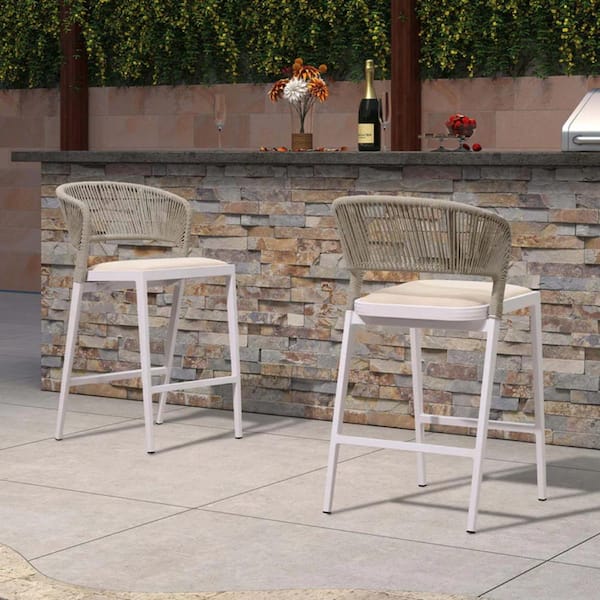 PURPLE LEAF Modern Aluminum Low Back Rattan Counter Height Outdoor Bar Stool with Backrest and White Cushion (2-Pack)