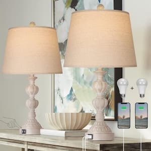 23 in. Touch Control Coastal Farmhouse Table Lamp (Set of 2) 3-Way Dimmable Lamp with 2-USB Charging Ports-Rustic White