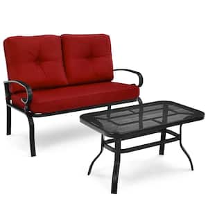 2-Pieces Metal Outdoor Patio Conversation Set Loveseat with Coffee Table and Red Cushions