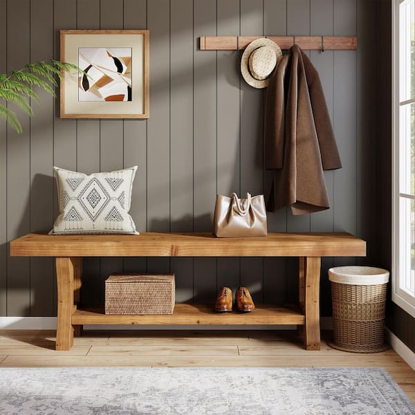 Penvilk 55.1 in. Light Brown Solid Wood Entryway Bench Backless with Sturdy Legs