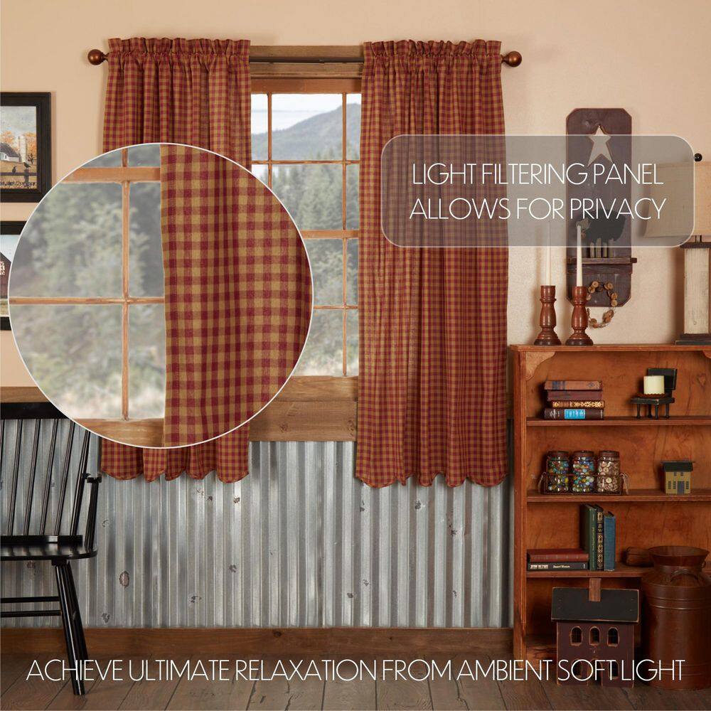 Burgundy Check Cotton Rod Pocket Window Panels with Tie Backs