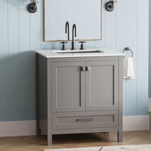 Lonni 30 in. W. x 19 in. D x 34 in. H Single Sink Solid Wood Bath Vanity in Gray with White Marble Top