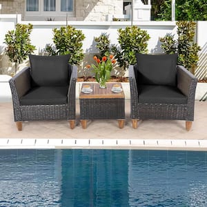 3-Piece Black Rectangular Wood 16 in. Outdoor Bistro Table Set with Black Cushion