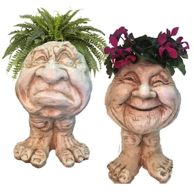 Antique White Grumpy and Granny Joy the Muggly Face Statue Planter Holds 5 in. Pot (2-Pack)