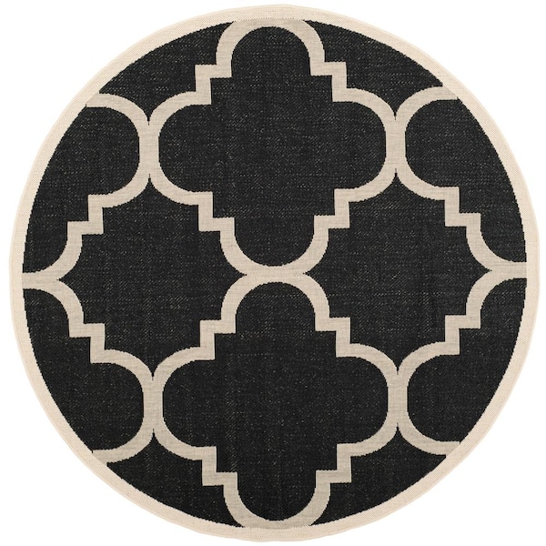 SAFAVIEH Courtyard Black/Beige 4 ft. x 4 ft. Round Geometric Indoor/Outdoor Patio  Area Rug