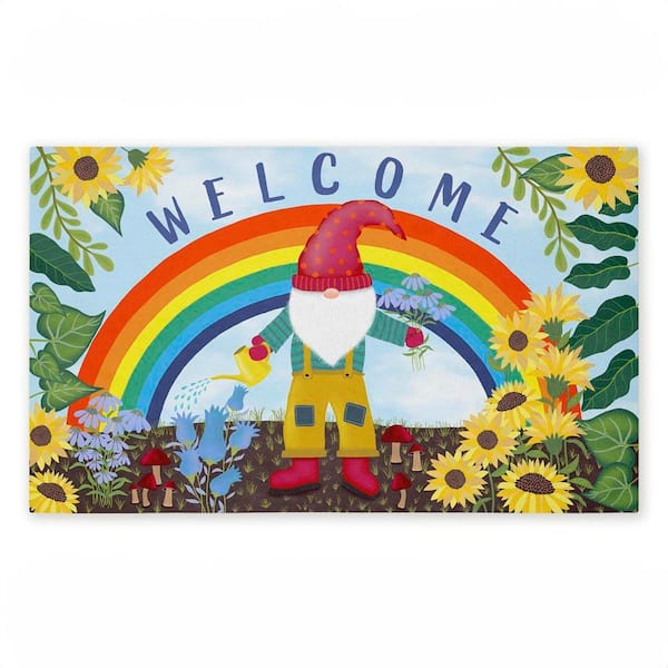 Welcome Rainbow Gnome Blue 18 in. x 30 in. Polyester Non-Slip Outdoor Door Mat