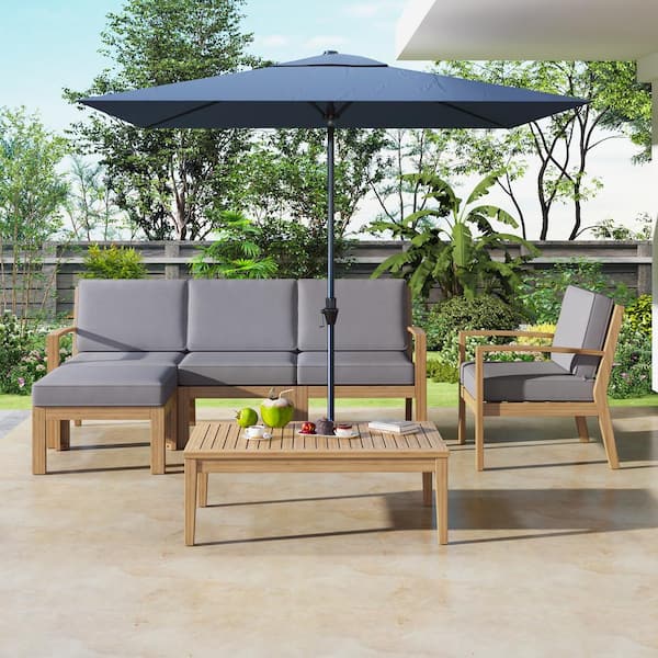 Clihome 6-Piece Acacia Wood Frame Outdoor Sectional Sofa Set with Coffee Table and Grey Removable Cushion for Garden Backyard