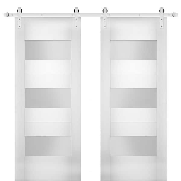VDOMDOORS 60 in. x 84 in. Single Panel White Solid MDF Sliding Doors with Double Barn Stainless Hardware