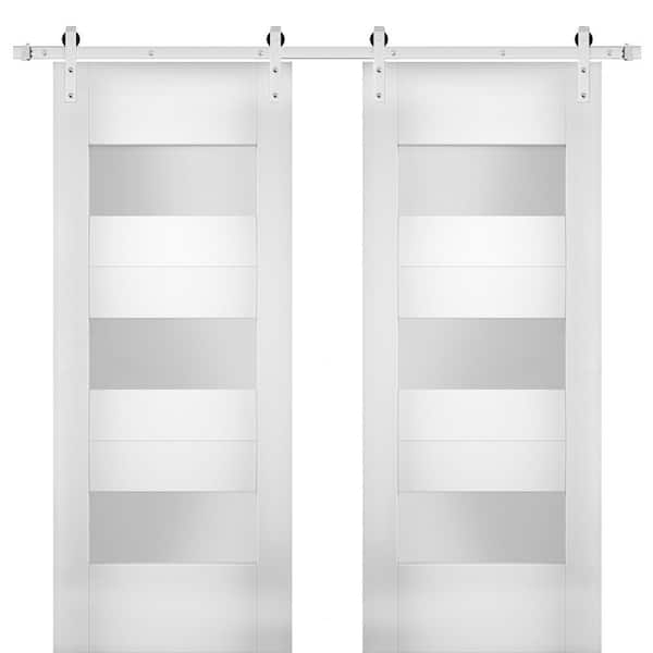 VDOMDOORS 60 in. x 96 in. Single Panel White Solid MDF Sliding Doors with Double Barn Stainless Hardware