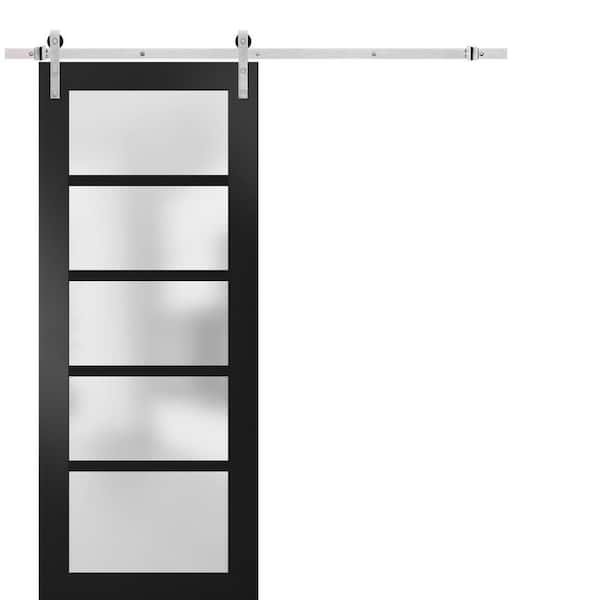 Assembly Required 30 in. x 84 in. 5-Panel Black Finished Solid MDF Sliding Door with Silver Barn Hardware