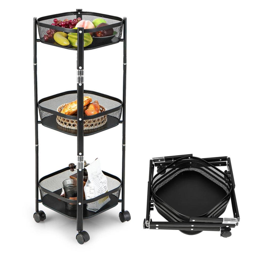 Bunpeony 3 Tier Black Folding Metal Rolling Kitchen Cart Storage Rack Square Shape LTCF026S