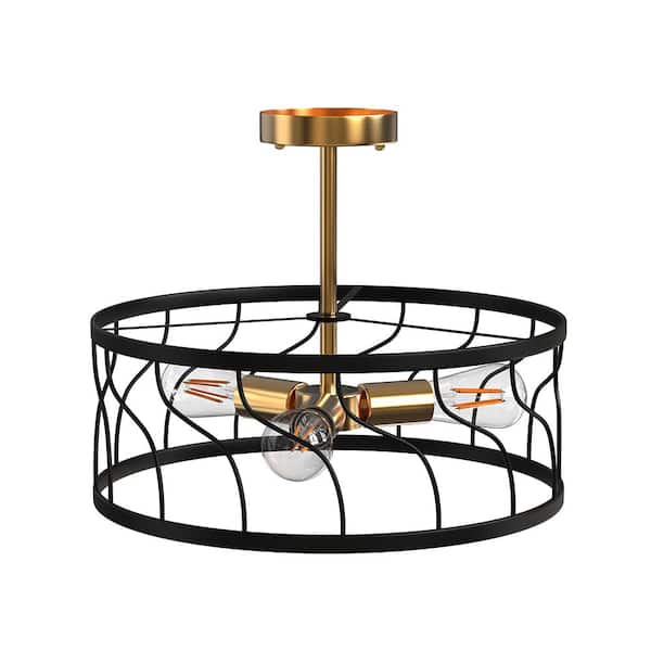 Briignite 16.5 in. 3-Light Black and Gold Semi-Flush Mount Ceiling Light, Farmhouse Drum Cage Ceiling Light for Hallway Bedroom