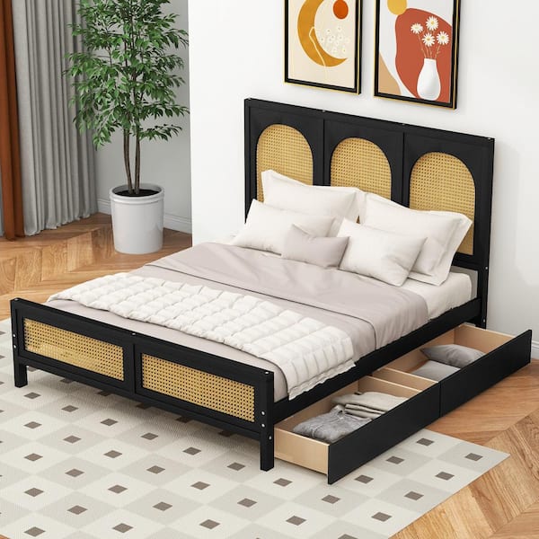 Harper & Bright Designs Rustic Style Black Wood Frame Full Size Platform Bed with 2-Drawer, Rattan Headboard and Footboard