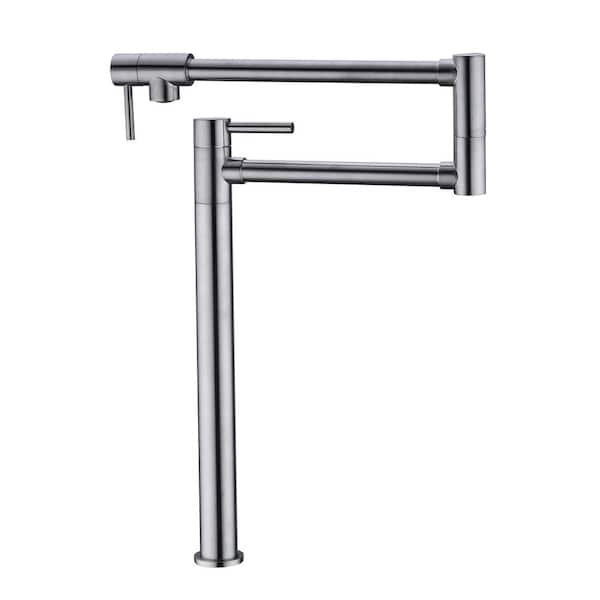 Fapully Deck Mounted Pot Filler Faucet Double Joints 360-Degree Rotating Retractable Shank in Brushed Nickel