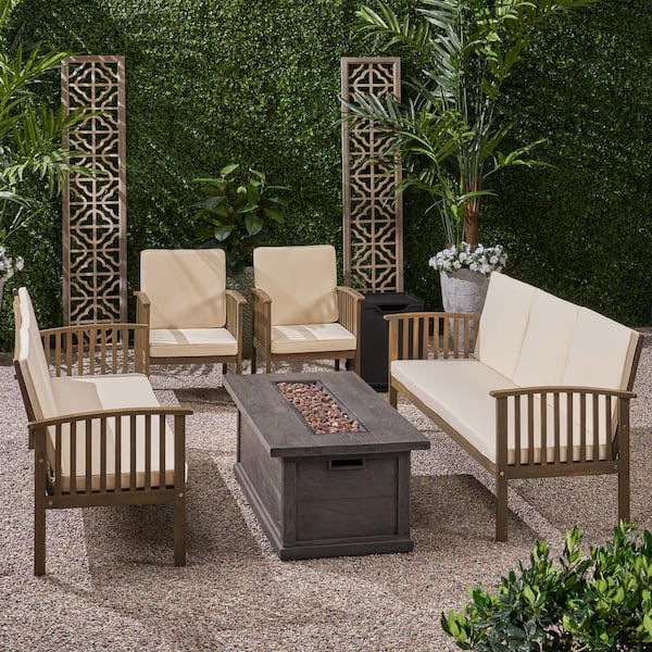 Noble House Carolina Grey 6-Piece Wood Patio Fire Pit Seating Set with Cream Cushions
