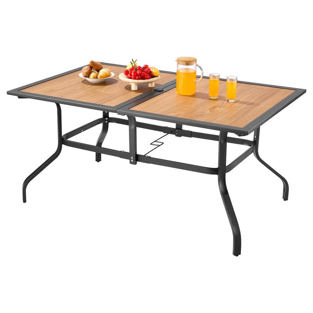 Patio Dining Table 59 in Rectangular Wood-Like Steel Slat Backyard Bistro Table 4-6 Seat 1.5 in Umbrella Hole for Garden price history on PriceWatchPro