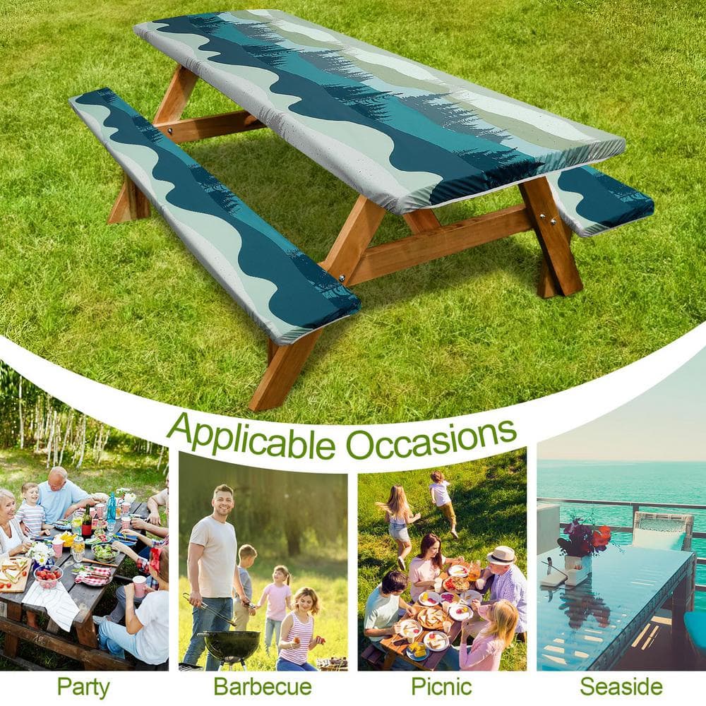 96 in. Green and Blue Waterproof Picnic Table Cover Set with Bench Covers