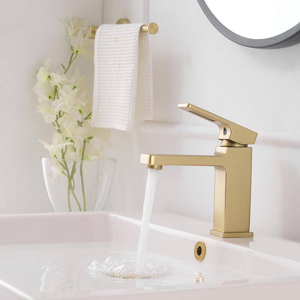 Brushed Gold Single-Handle Low-Arc Bathroom Faucet with Drain