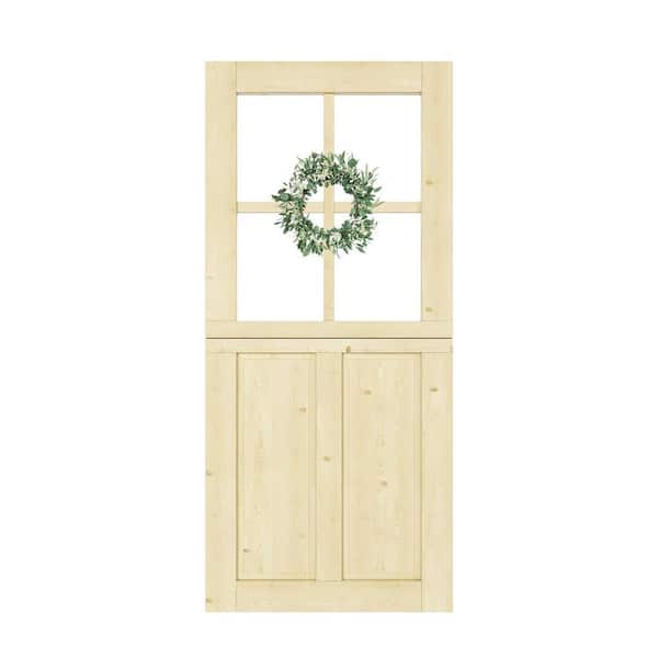 36 in. x 80 in. Solid Pine Universal 4-Lite 2-Panel Clear Glass Dutch Door w/Euca Wreath Unfinished Wood Front Door Slab