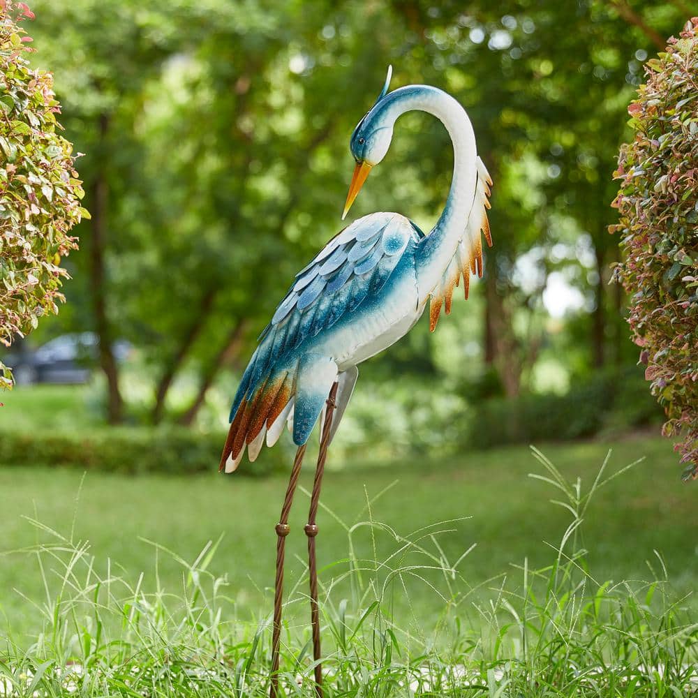 38.5" Blue and Brown Metal Crane Garden Statue
