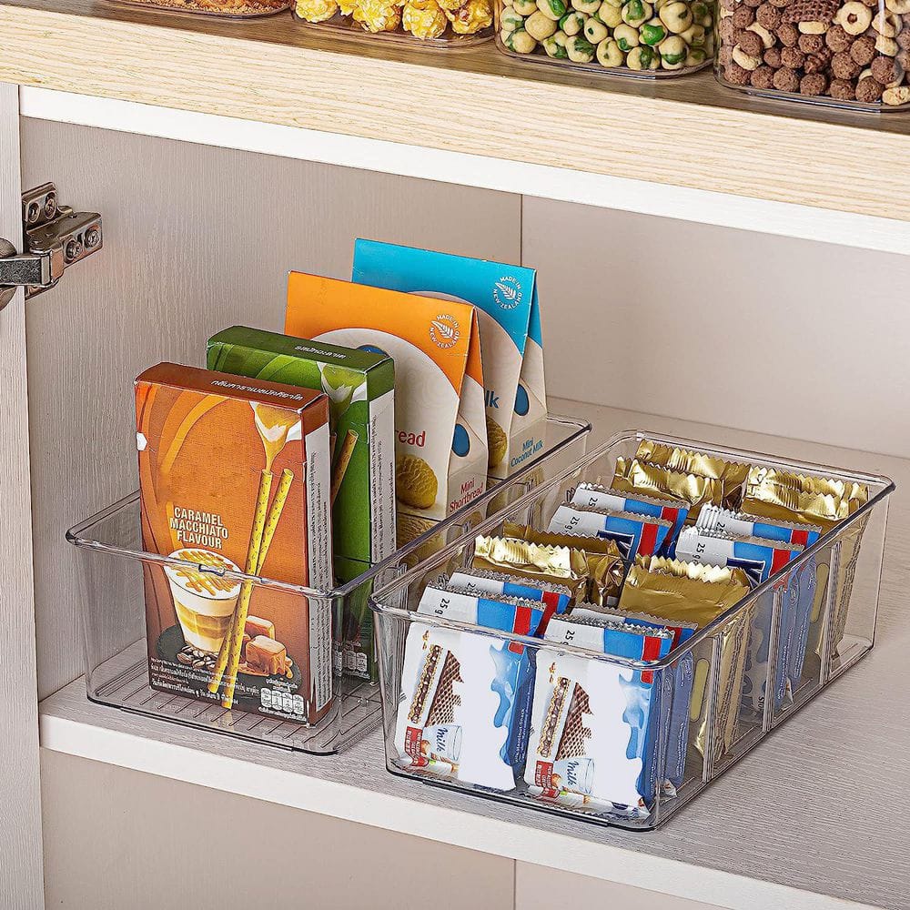 8 Piece Clear Plastic Food Storage Organizer Bins for Pantry Kitchen Fridge Cabinet Organization, 4 Compartment Holder
