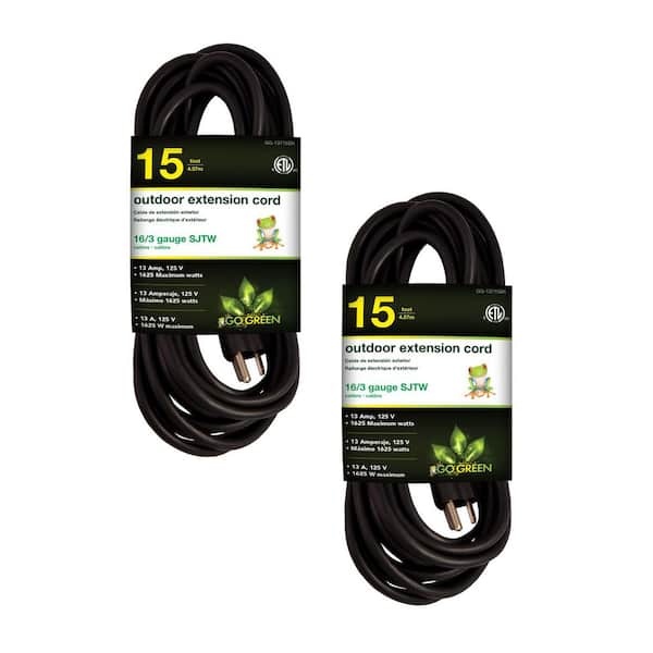 GoGreen Power (G-13715BK-2) 15 ft. 16/3 Indoor Heavy Duty Extension Cord, Black, 2 PACK